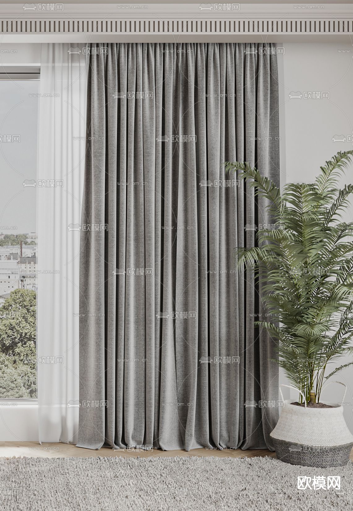 现代布艺窗帘3d模型下载（渲染图3）