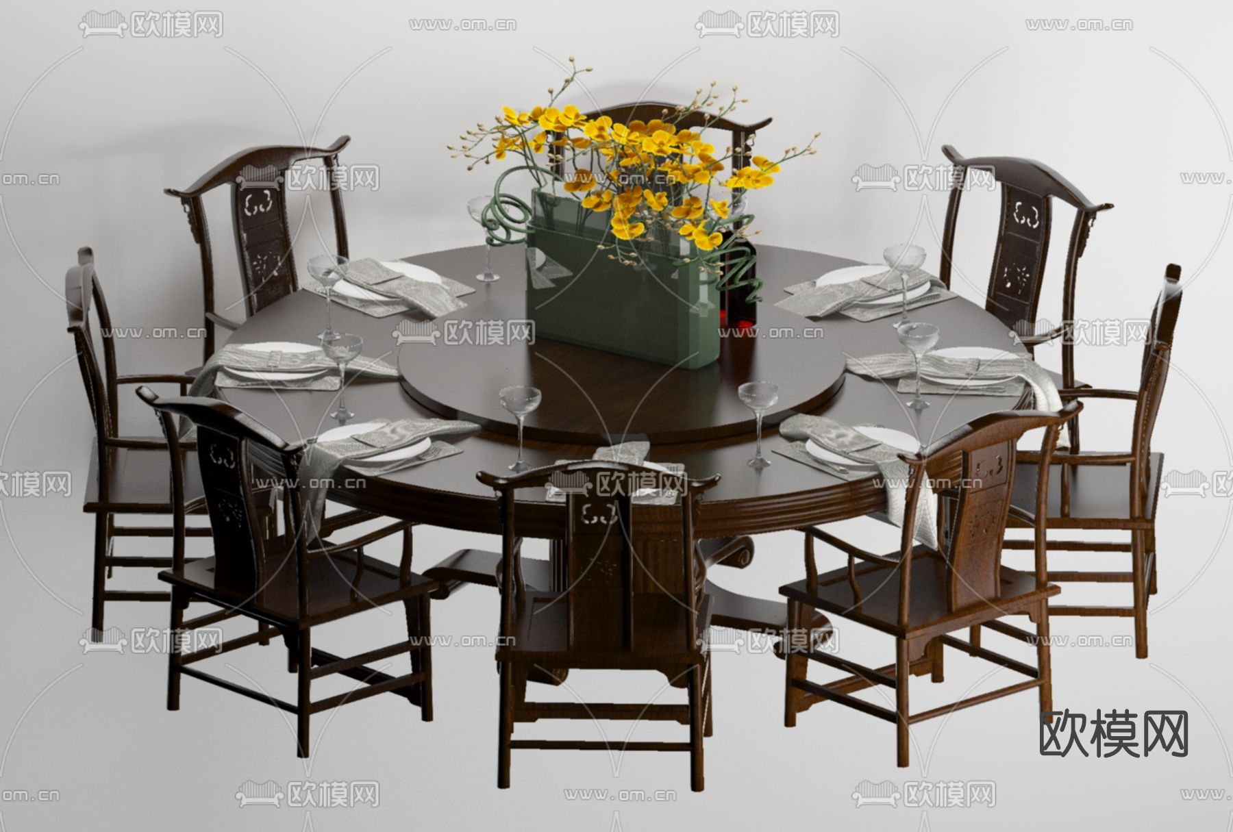 新中式圆形餐桌椅免费3d模型下载