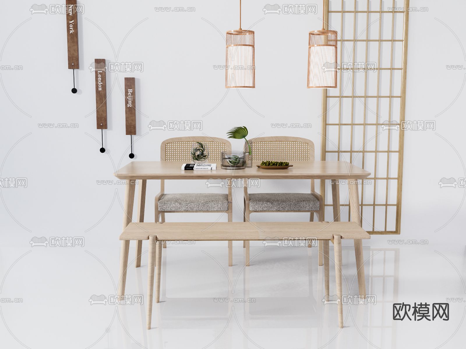 日式实木餐桌椅su模型下载（渲染图1）