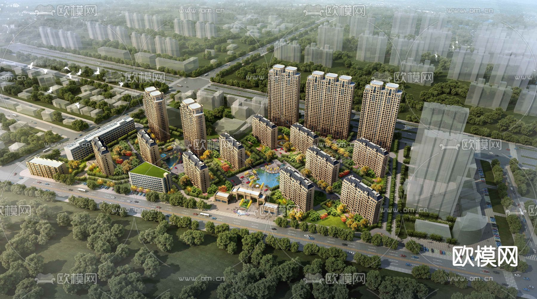 现代住宅小区鸟瞰3d模型