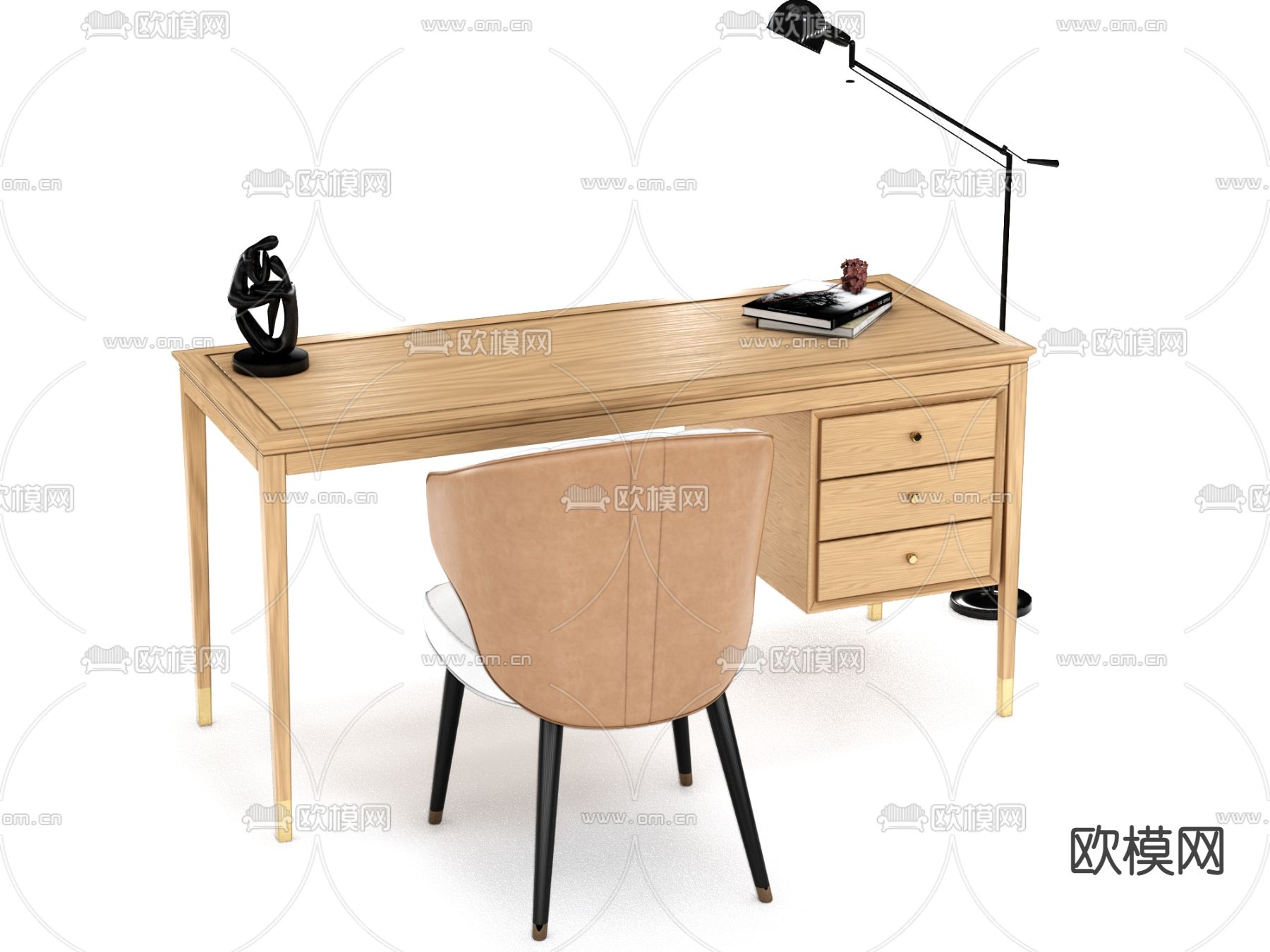 日式实木书桌椅su模型下载（渲染图3）