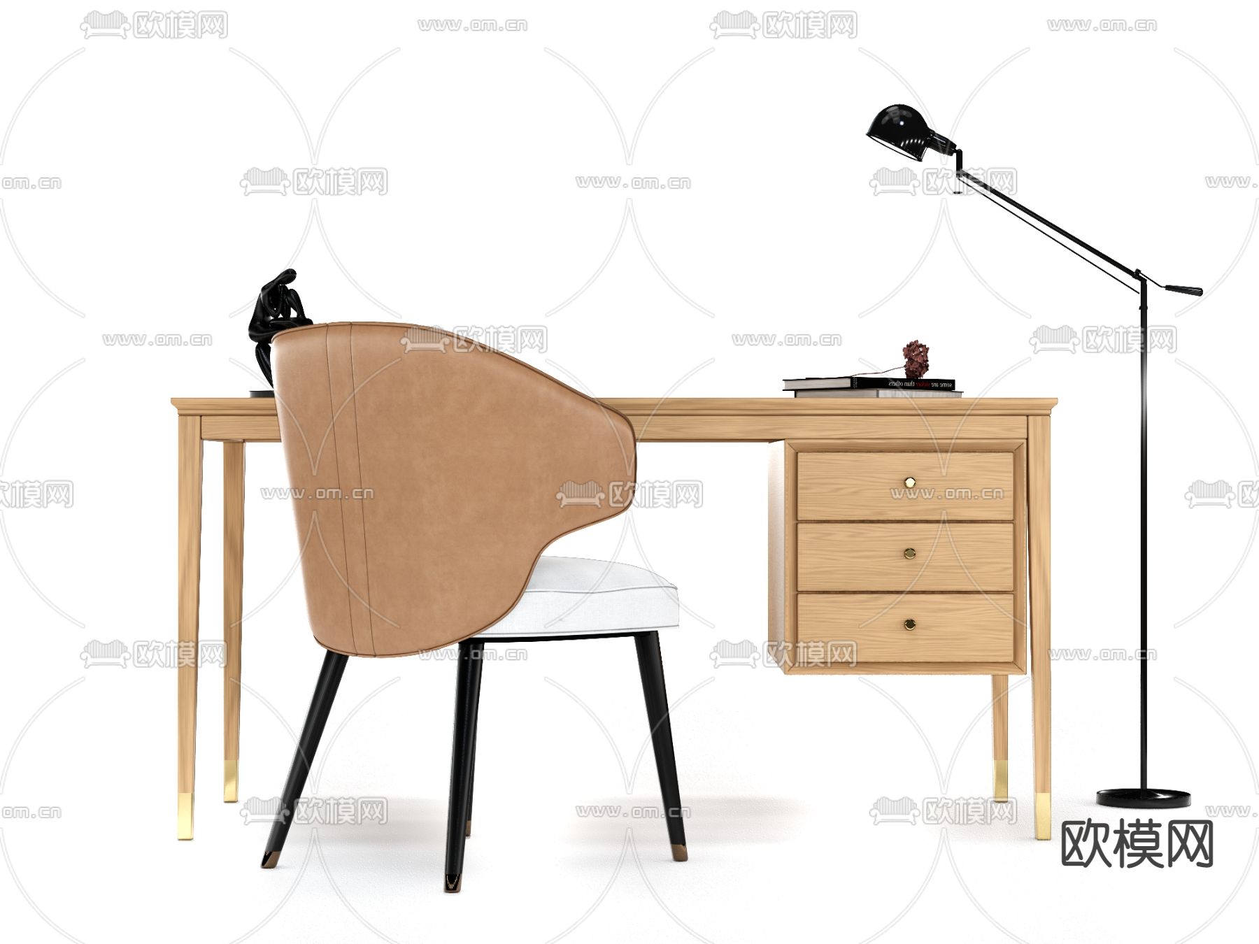 日式实木书桌椅su模型下载（渲染图1）