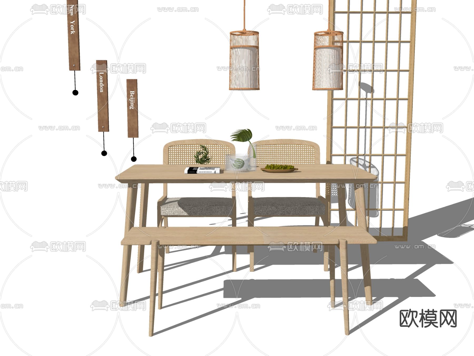 日式实木餐桌椅su模型下载（渲染图2）