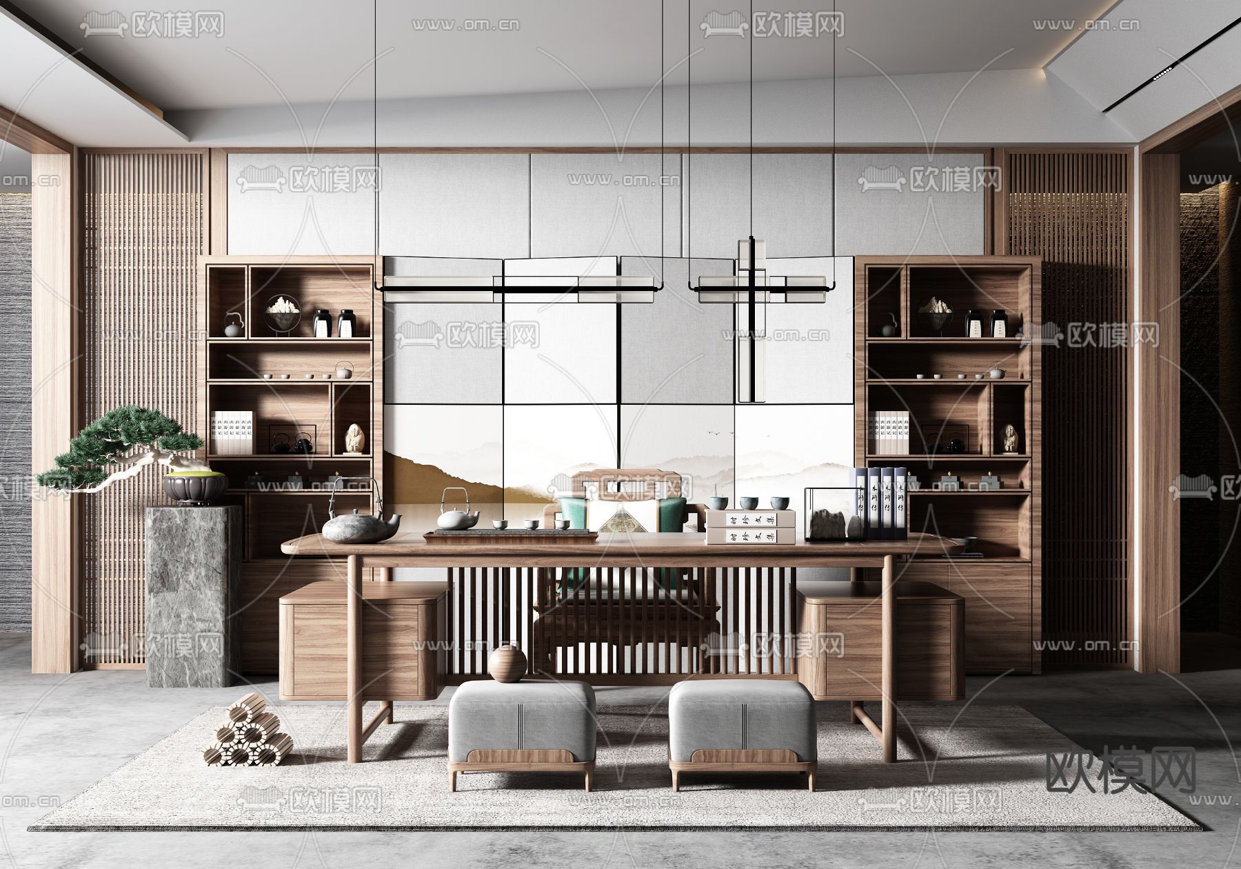 新中式实木茶桌椅3d模型下载（渲染图1）