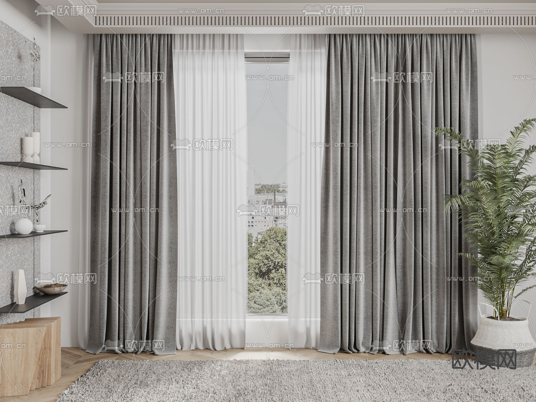 现代布艺窗帘3d模型下载（渲染图1）