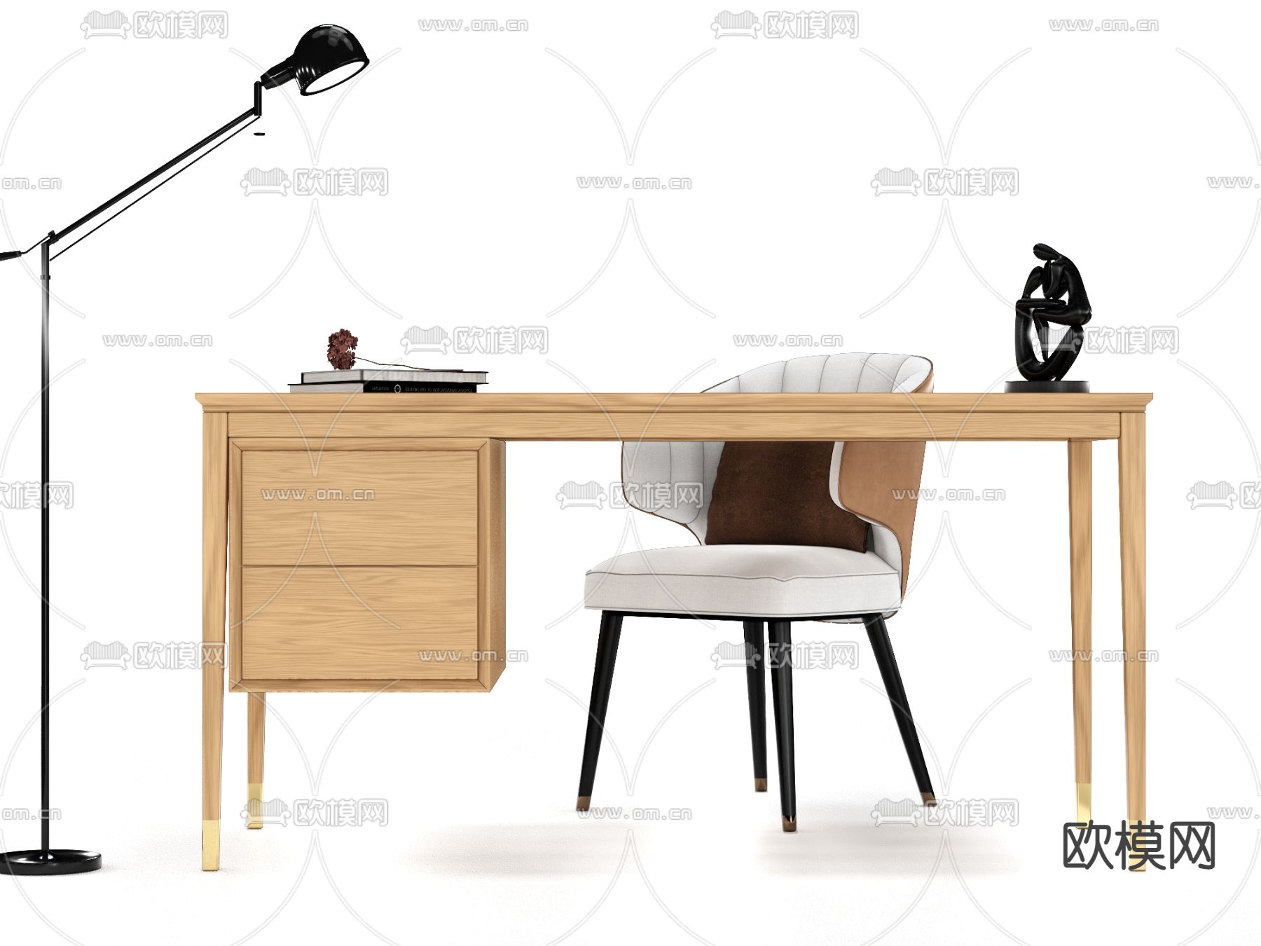 日式实木书桌椅su模型下载（渲染图2）