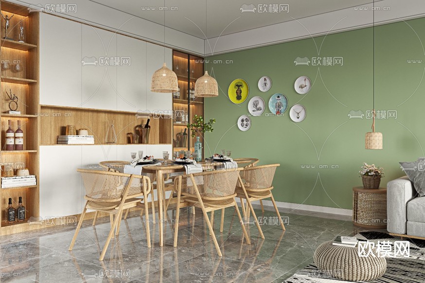 北欧轻奢客厅餐厅3d模型下载(渲染图3)