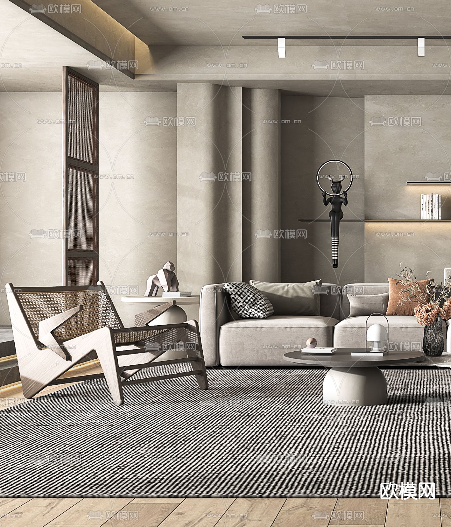 侘寂布艺沙发组合3d模型下载（渲染图2）