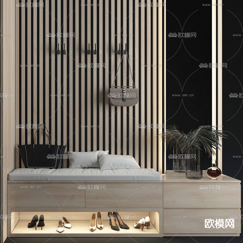 现代一体式衣柜鞋柜3d模型下载（渲染图2）