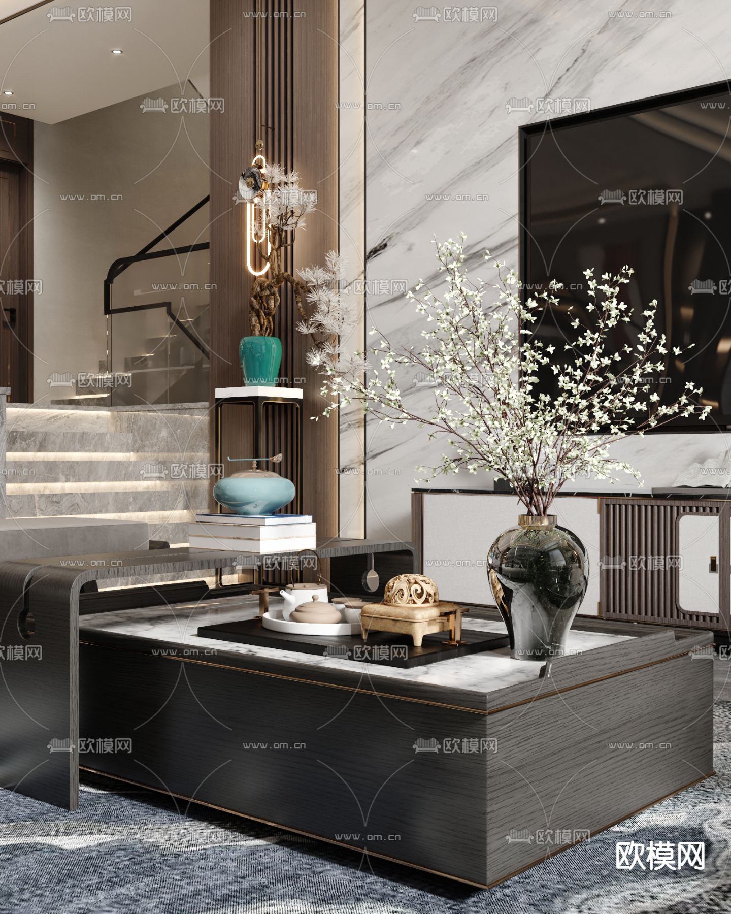 新中式跃式客厅餐厅3d模型