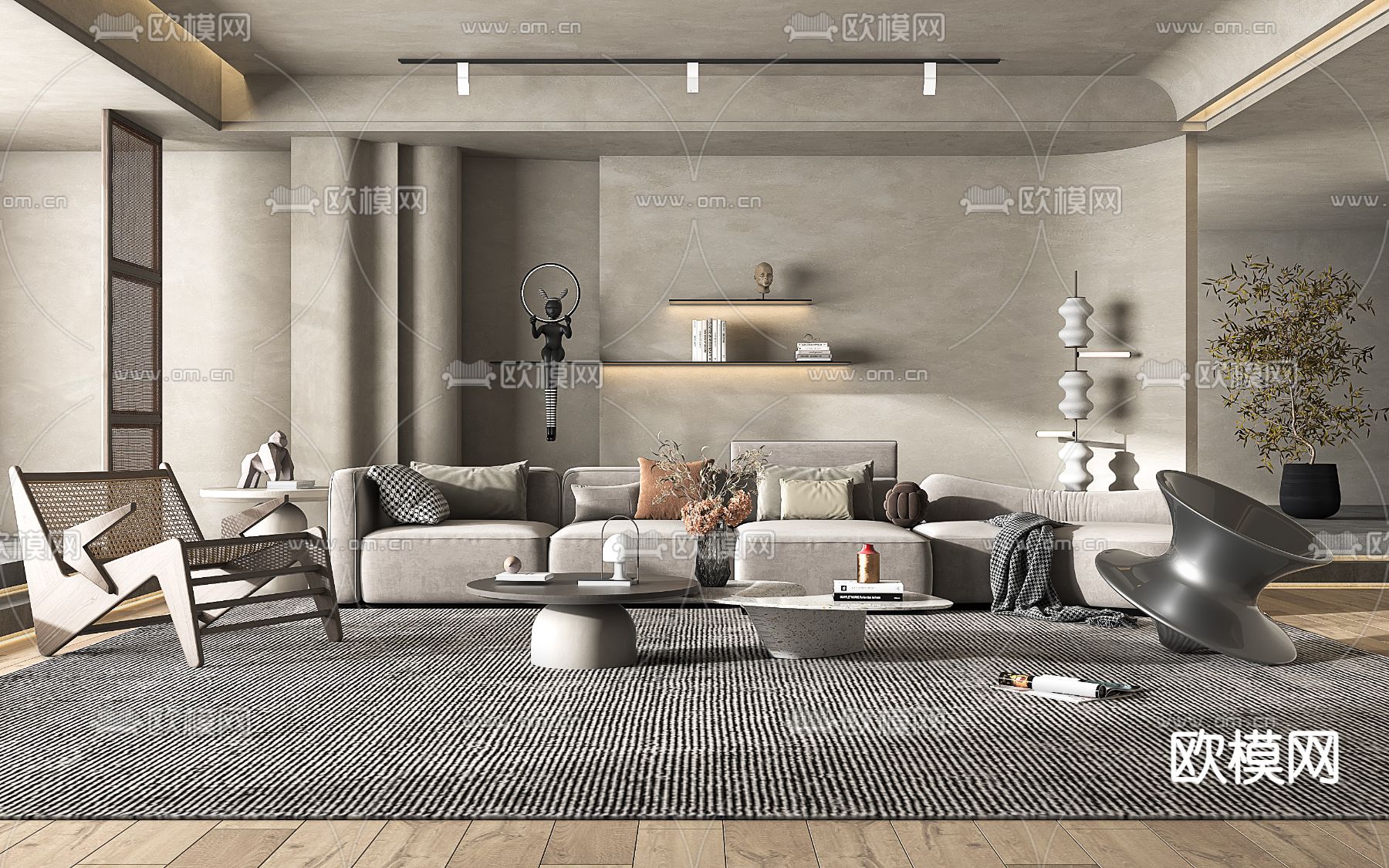 侘寂布艺沙发组合3d模型下载（渲染图1）