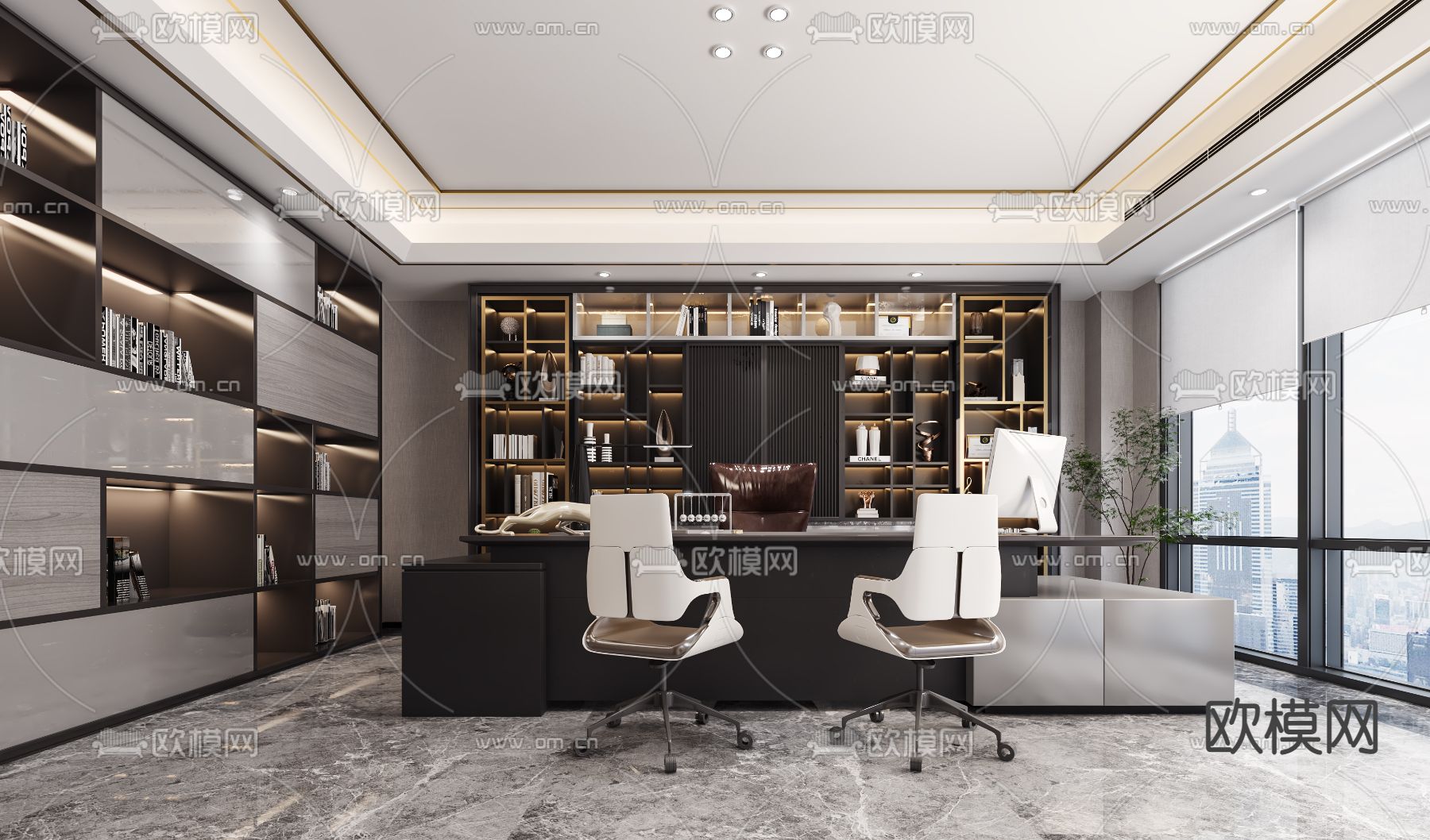 现代轻奢总经理室3d模型下载（渲染图1）