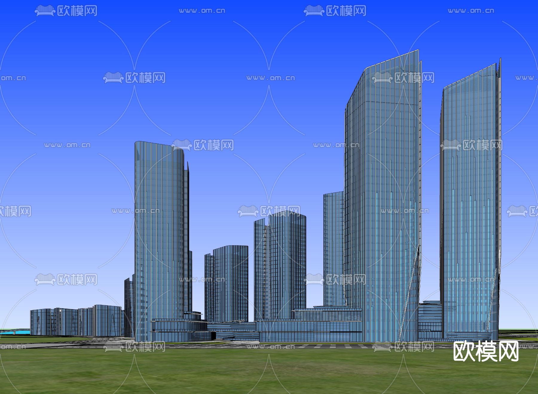 现代办公园区鸟瞰夜景su模型下载（渲染图3）