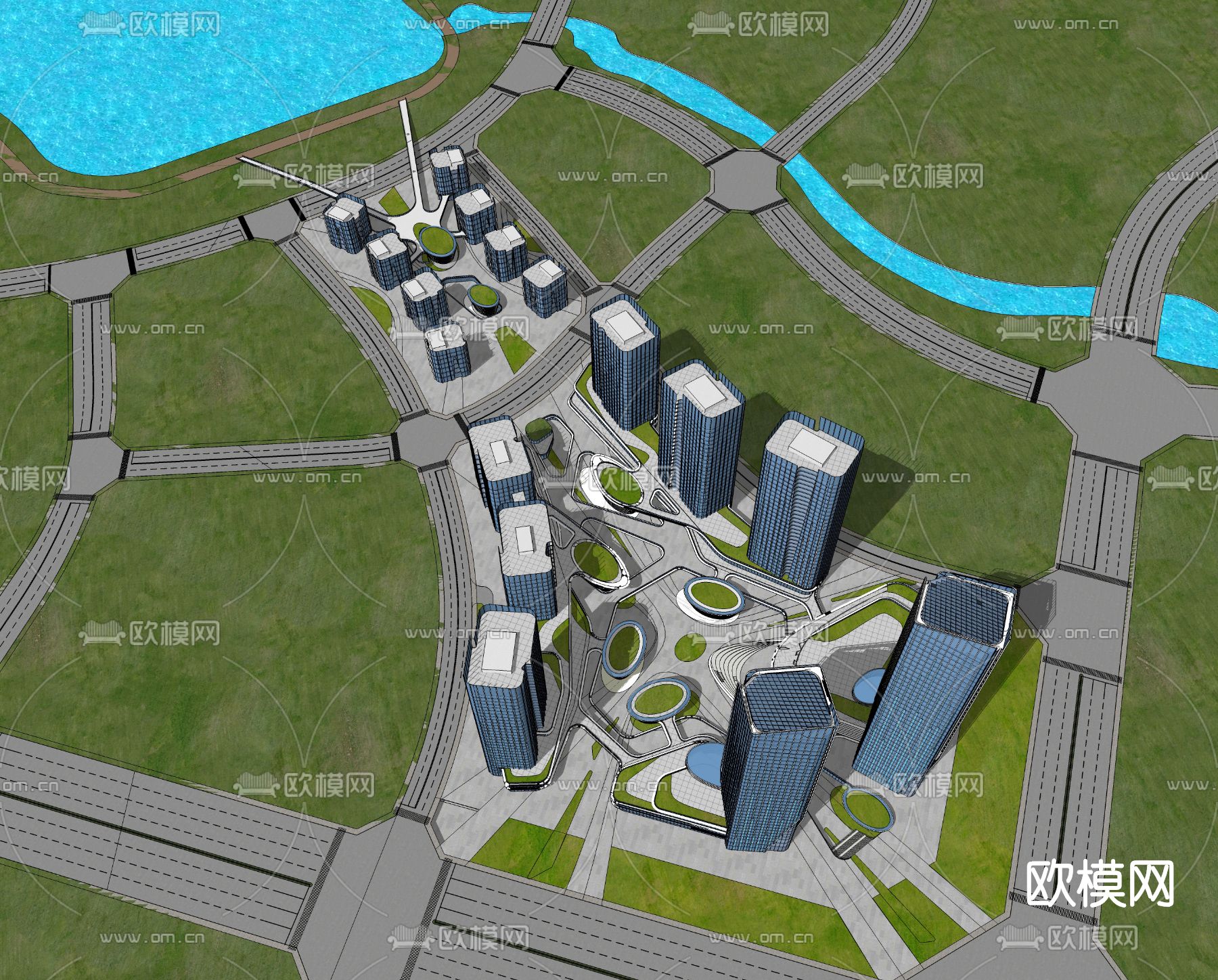 现代办公园区鸟瞰夜景su模型下载（渲染图4）