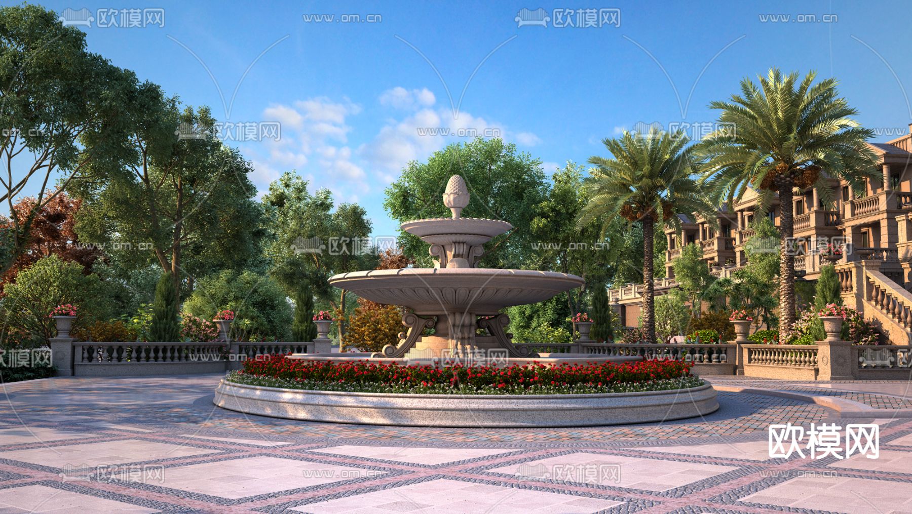 欧式别墅区喷泉小品3d模型下载
