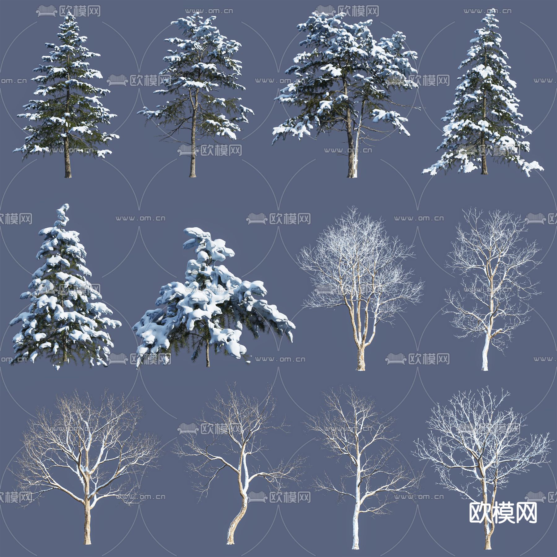现代雪景景观树3d模型下载