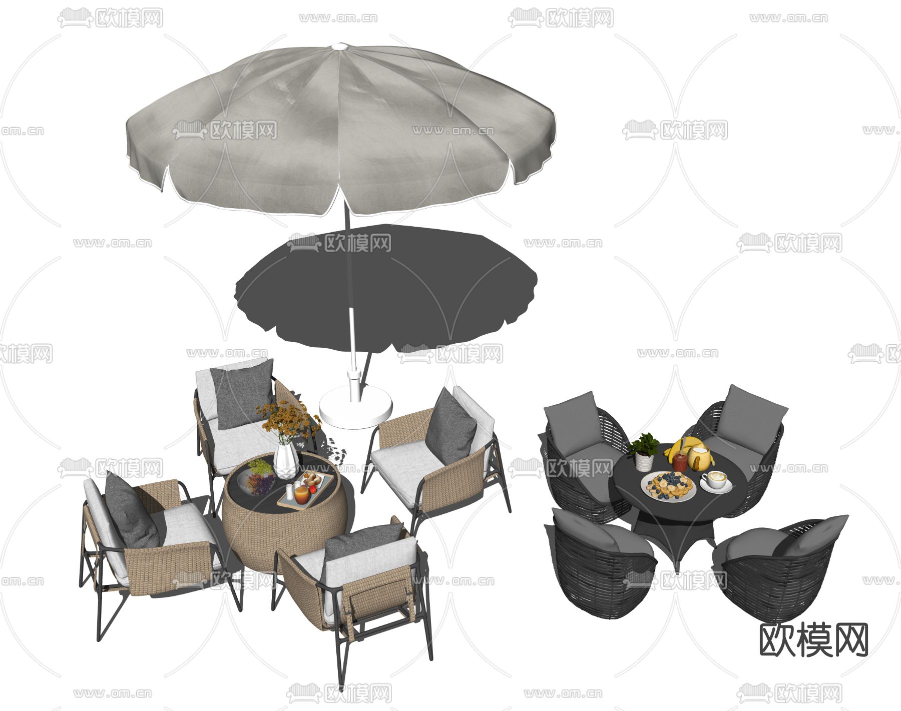 现代藤编户外桌椅su模型下载