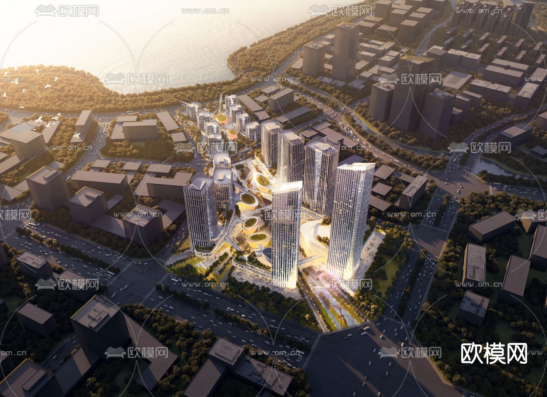 现代办公园区鸟瞰夜景su模型下载（渲染图1）