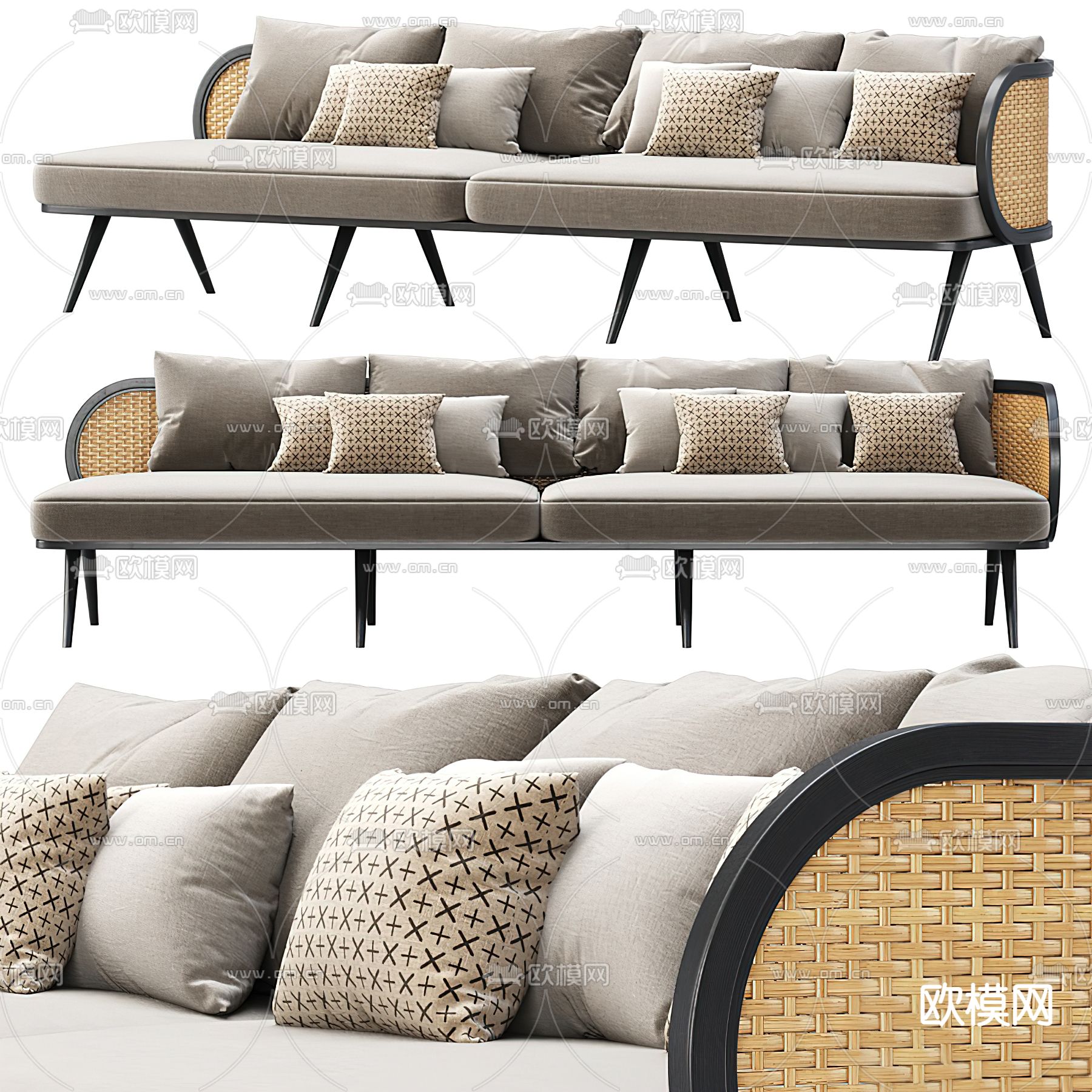侘寂风藤编多人沙发3d模型下载