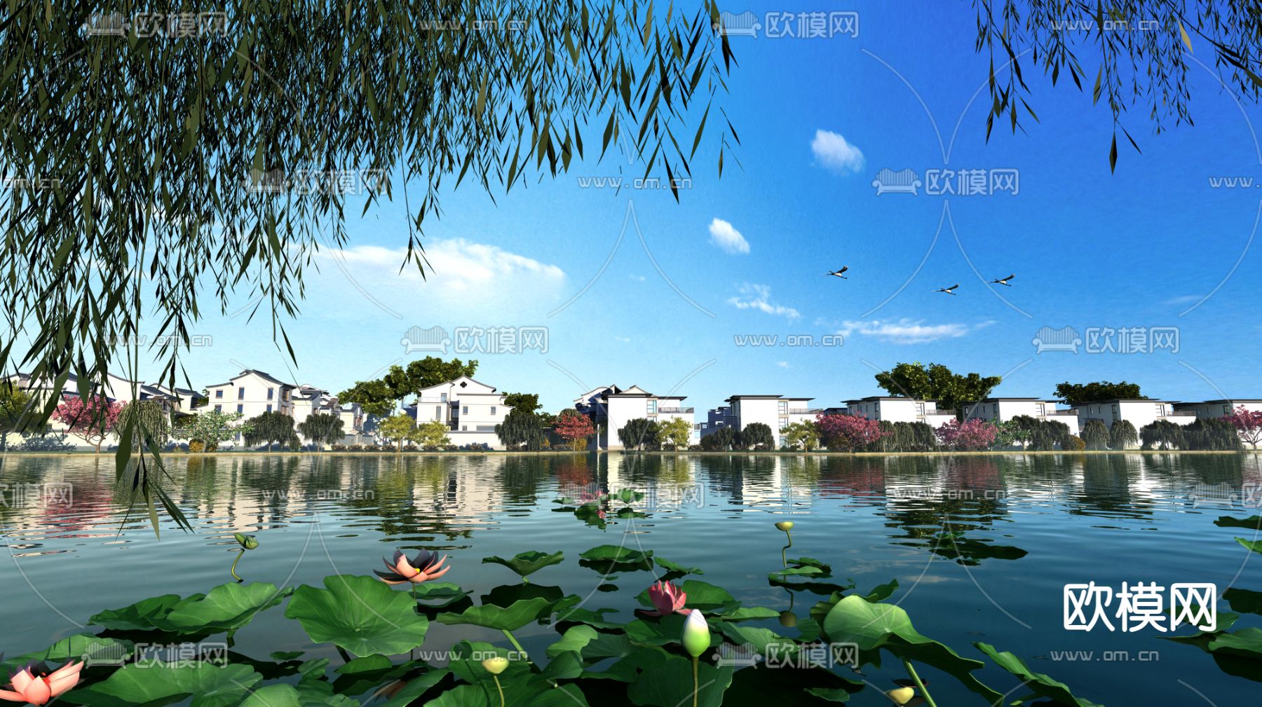 新中式荷塘园林景观3d模型下载