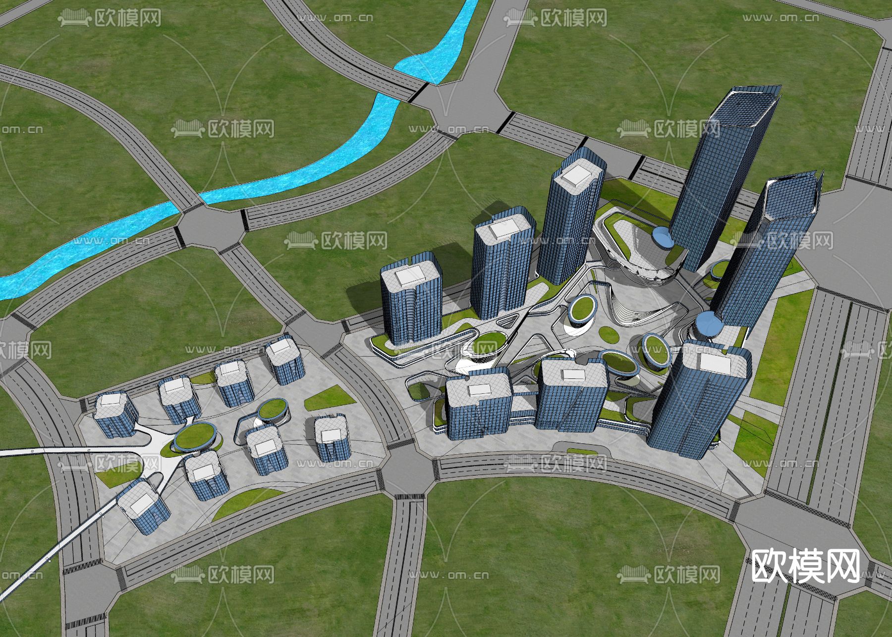 现代办公园区鸟瞰夜景su模型下载（渲染图2）