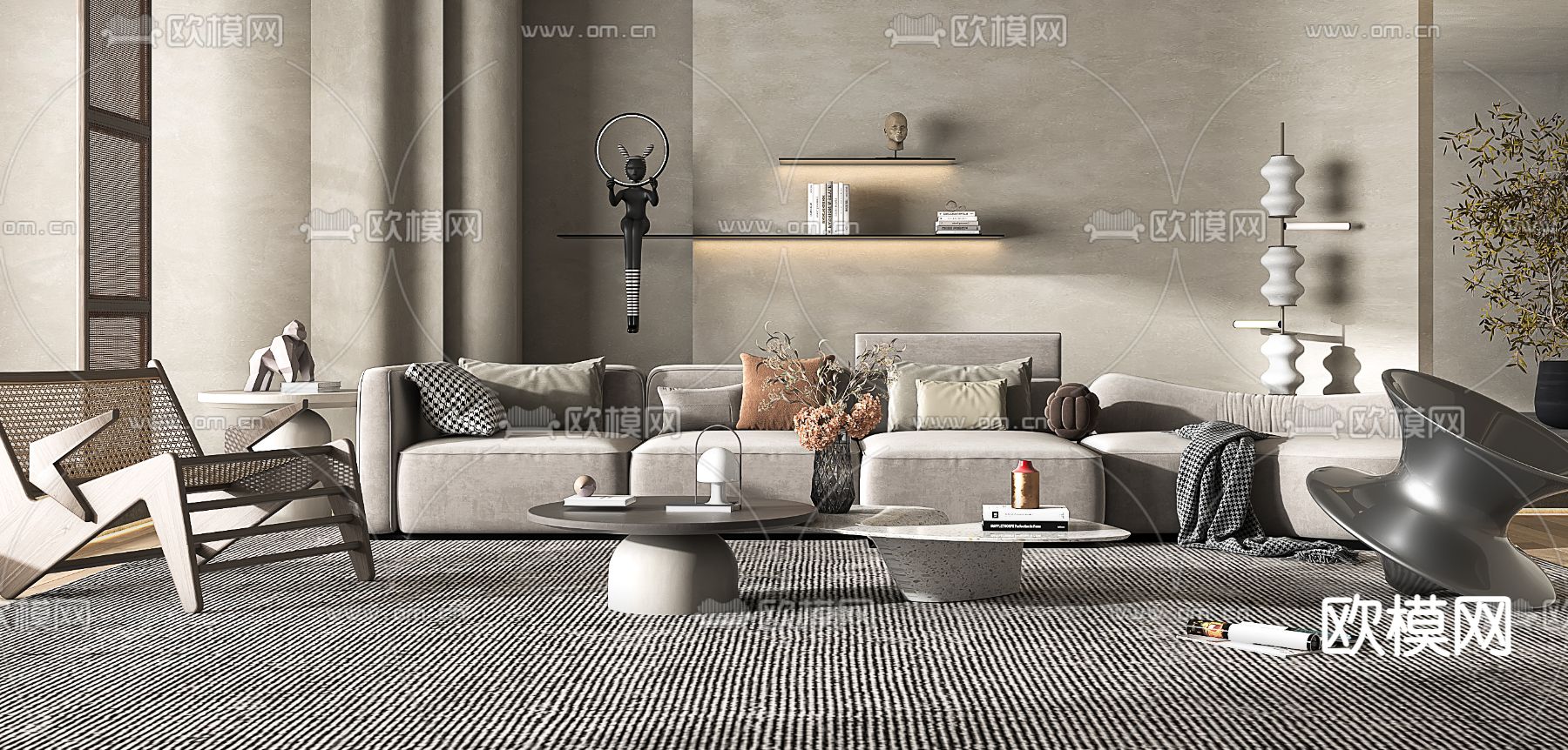 侘寂布艺沙发组合3d模型下载（渲染图3）