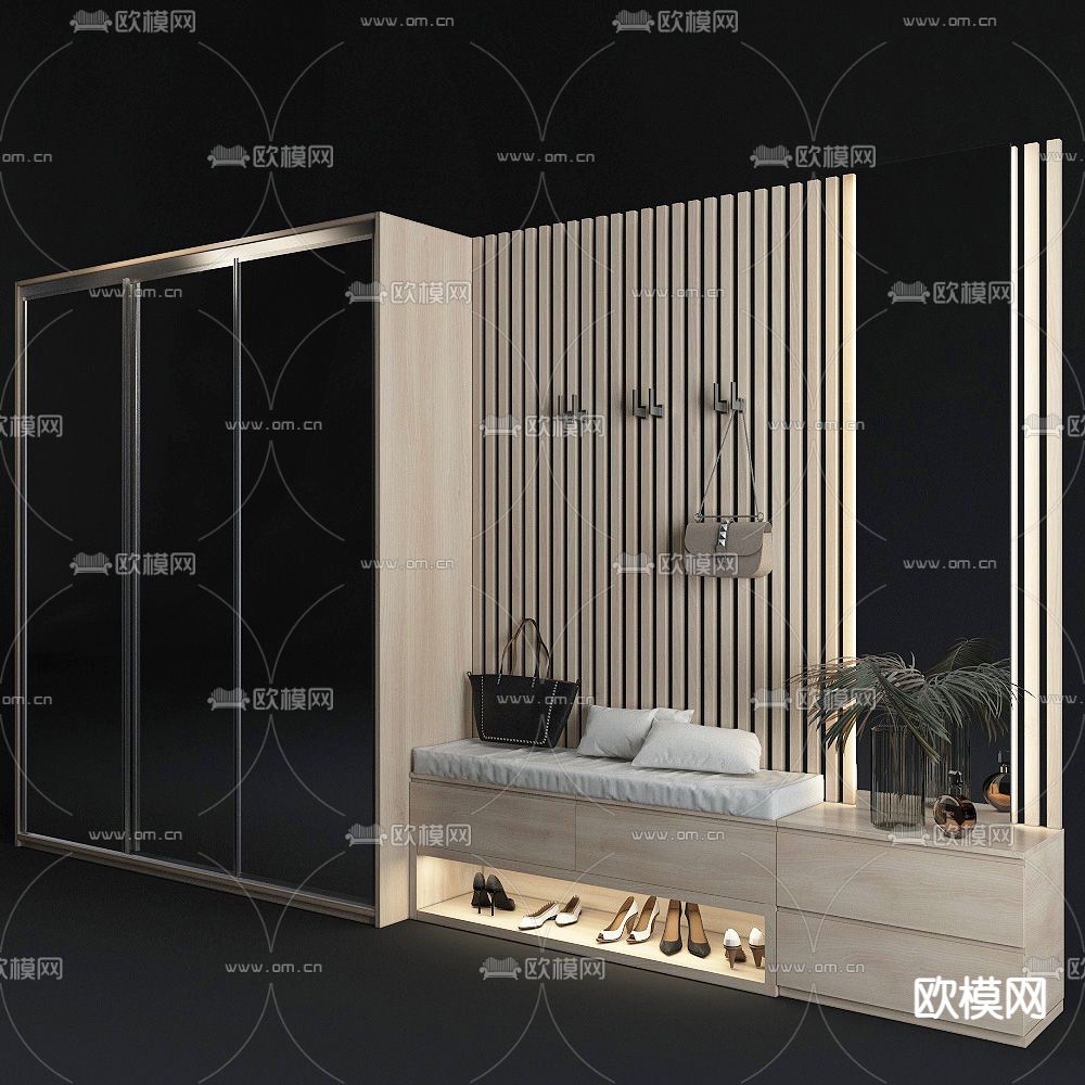 现代一体式衣柜鞋柜3d模型下载（渲染图1）
