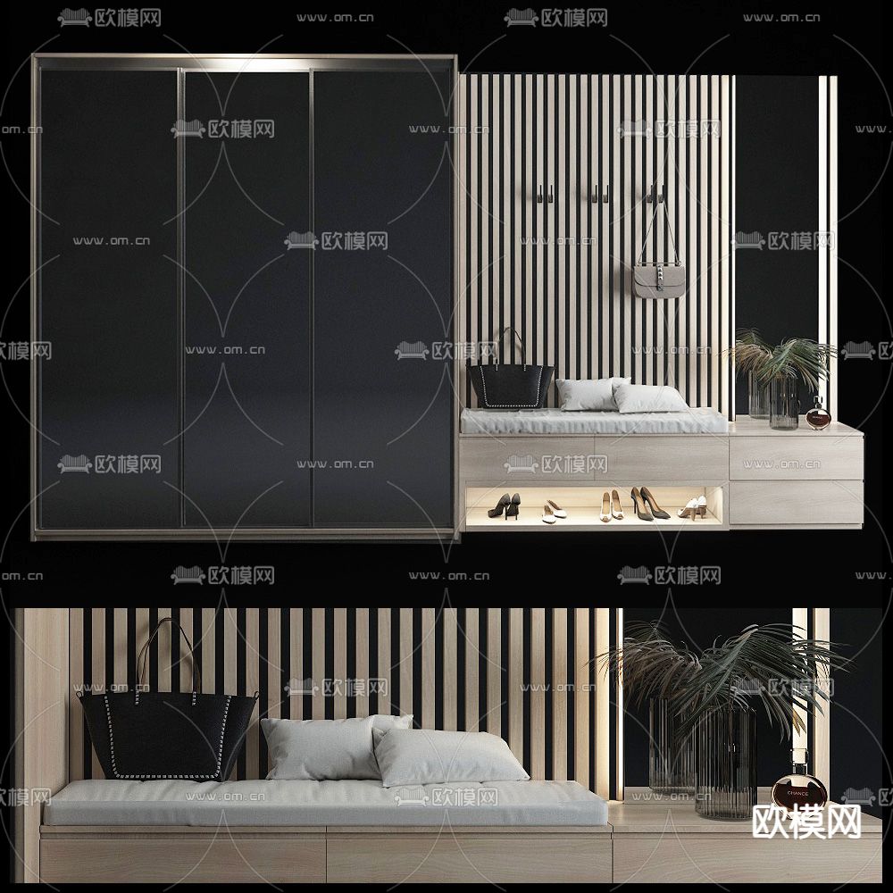 现代一体式衣柜鞋柜3d模型下载（渲染图3）