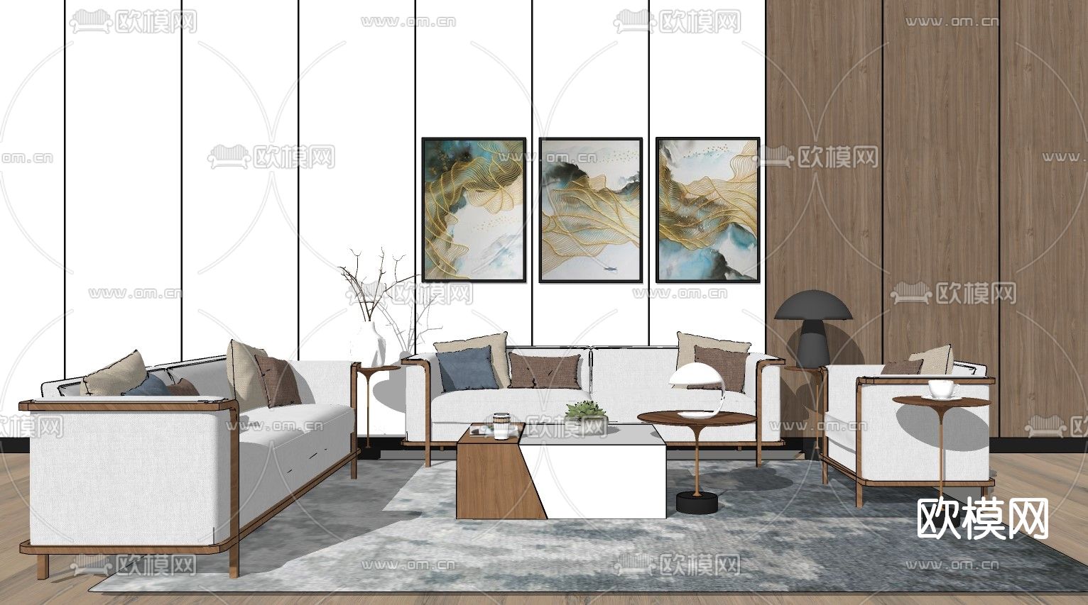 新中式轻奢沙发组合su模型下载