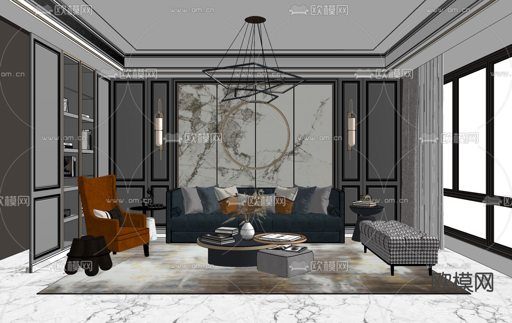 美式客厅su模型下载