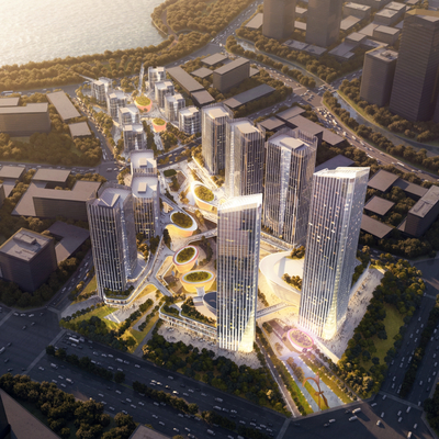  现代办公园区鸟瞰夜景su模型 