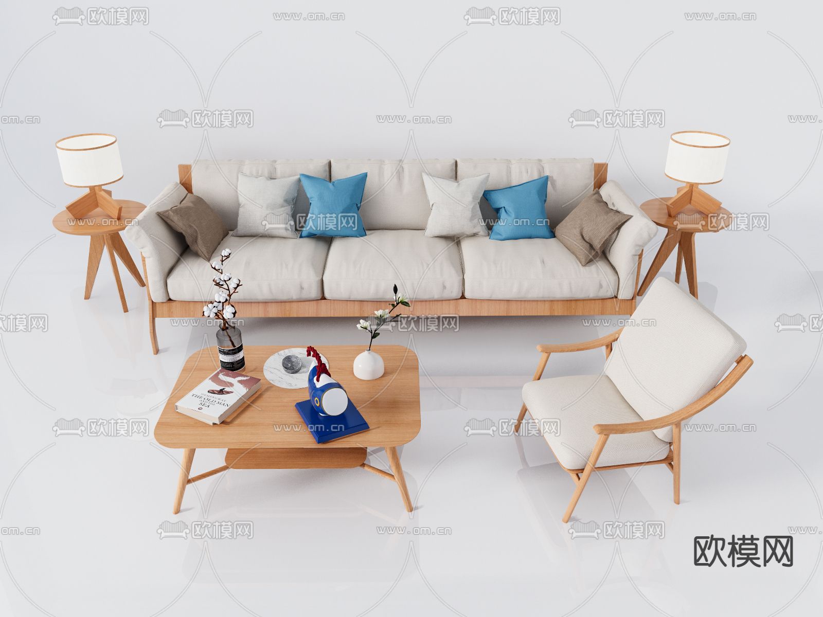日式布艺多人沙发su模型下载（渲染图1）