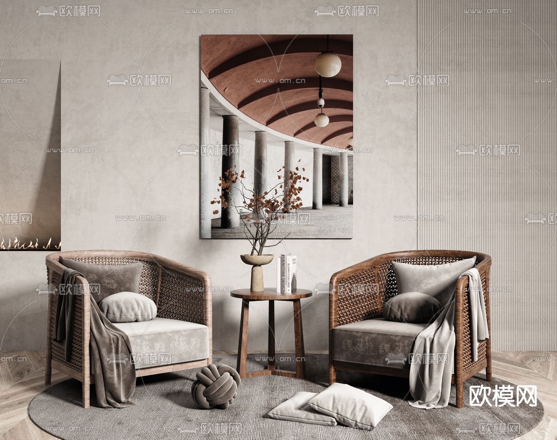 侘寂藤编休闲沙发3d模型下载