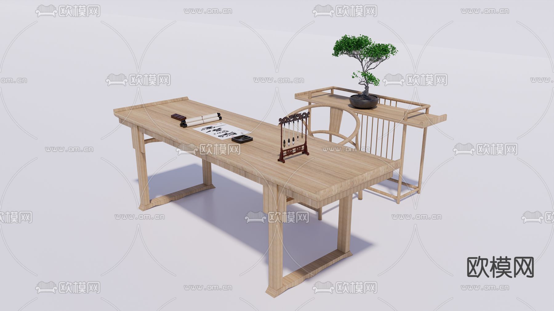 中式实木书桌椅su模型下载（渲染图1）