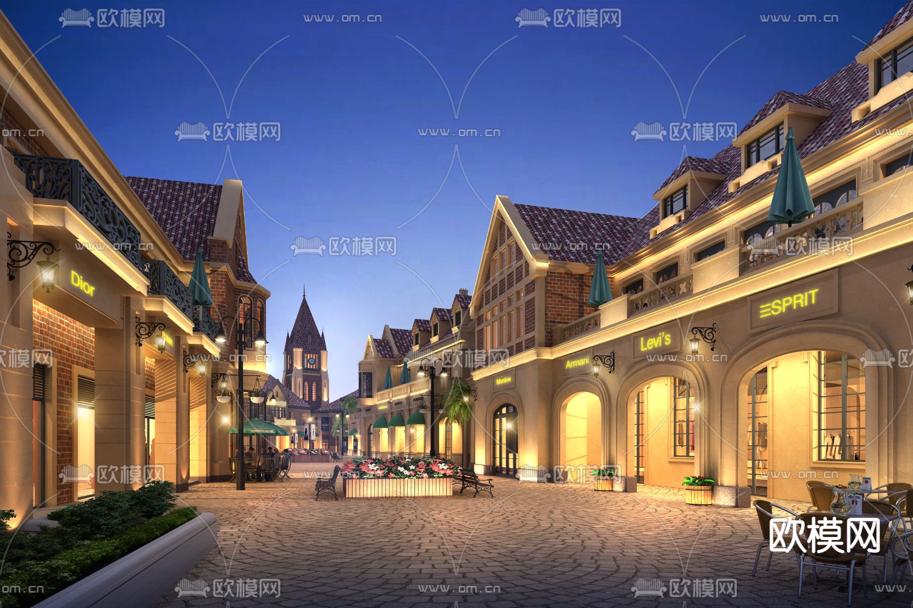 欧式商业街夜景3d模型
