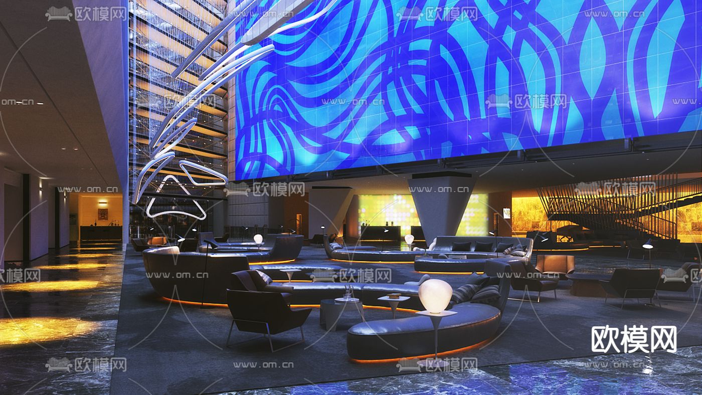 后现代轻奢酒店大堂吧3d模型下载（渲染图1）