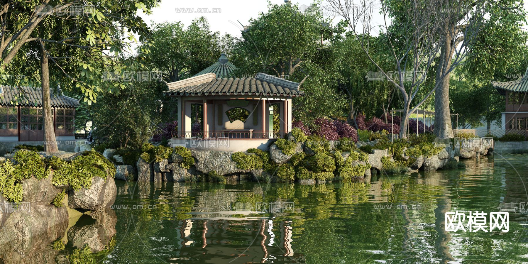 中式凉亭湖畔景观3d模型