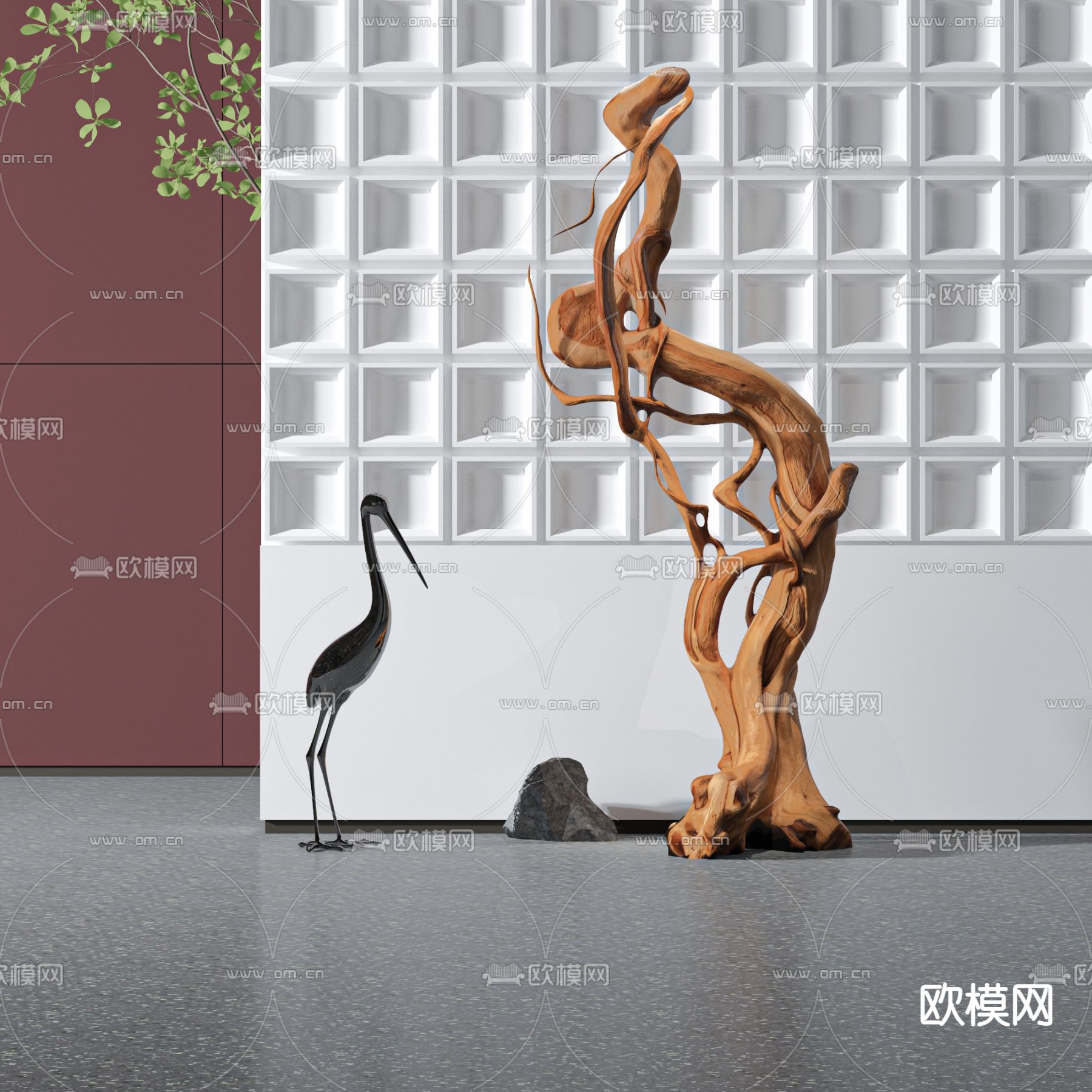 新中式树根雕塑3d模型下载