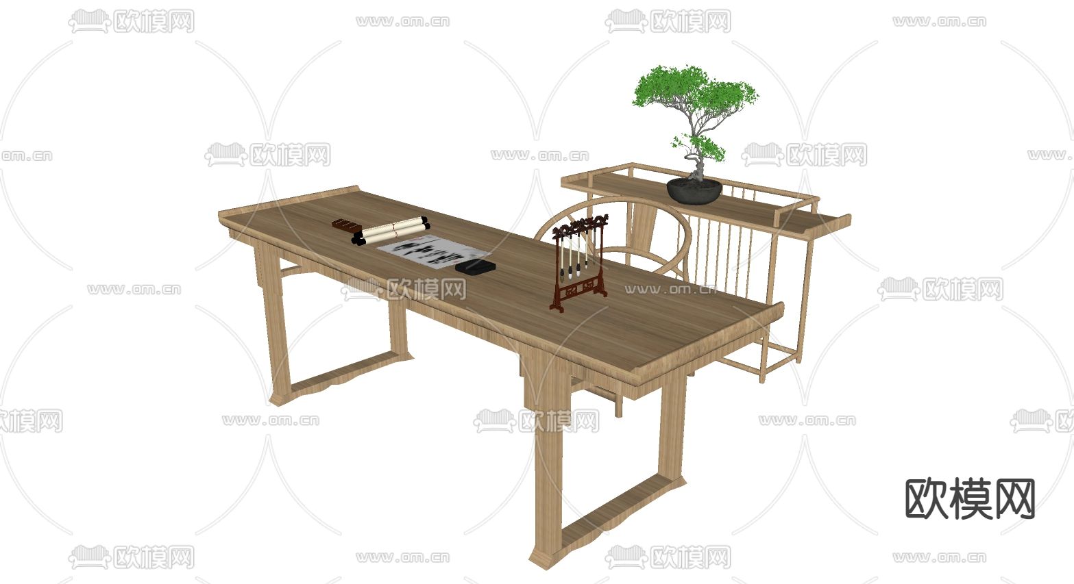 中式实木书桌椅su模型下载（渲染图2）
