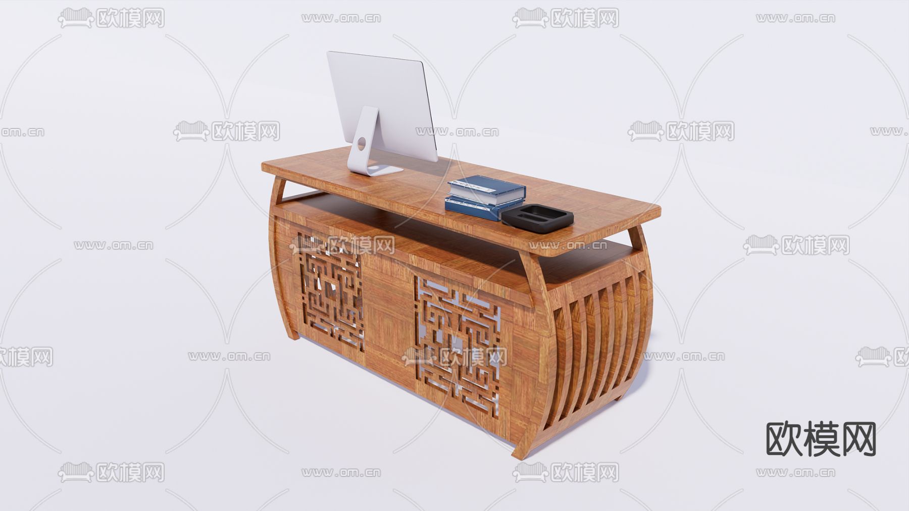 中式实木书桌su模型下载（渲染图1）