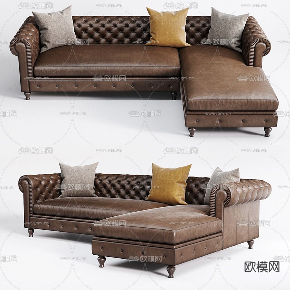欧式皮革转角沙发3d模型下载（渲染图1）