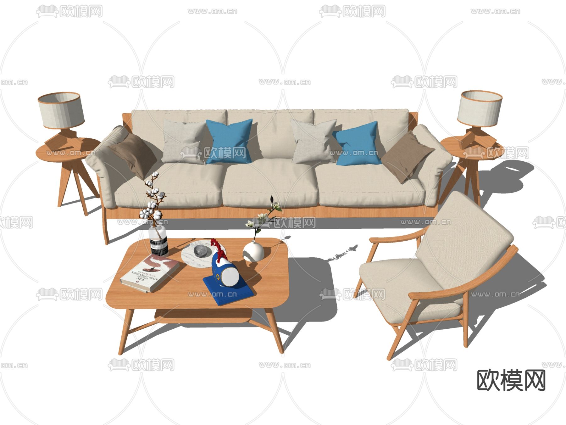 日式布艺多人沙发su模型下载（渲染图2）