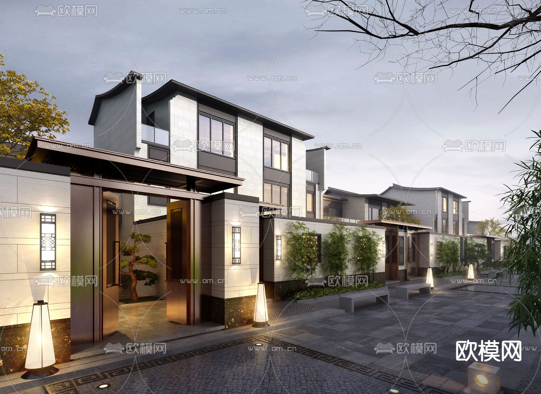 新中式联排别墅外观3d模型下载