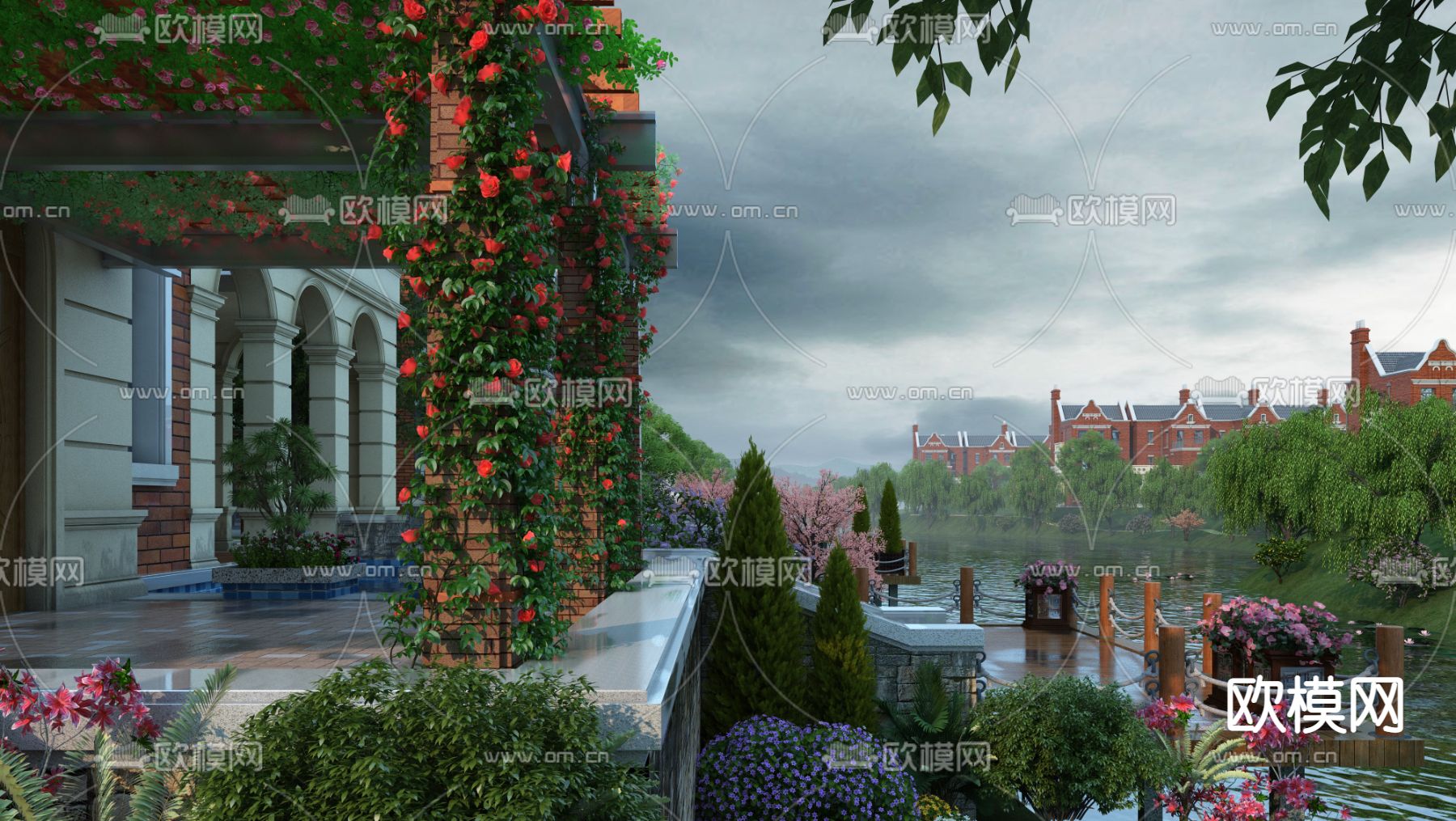 欧式别墅小区河景3d模型下载