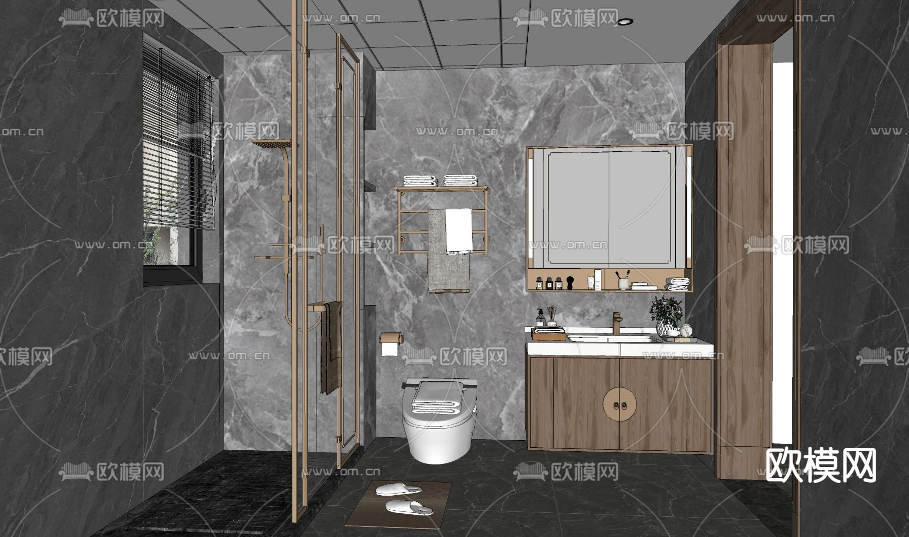 新中式卫生间浴室su模型下载（渲染图2）