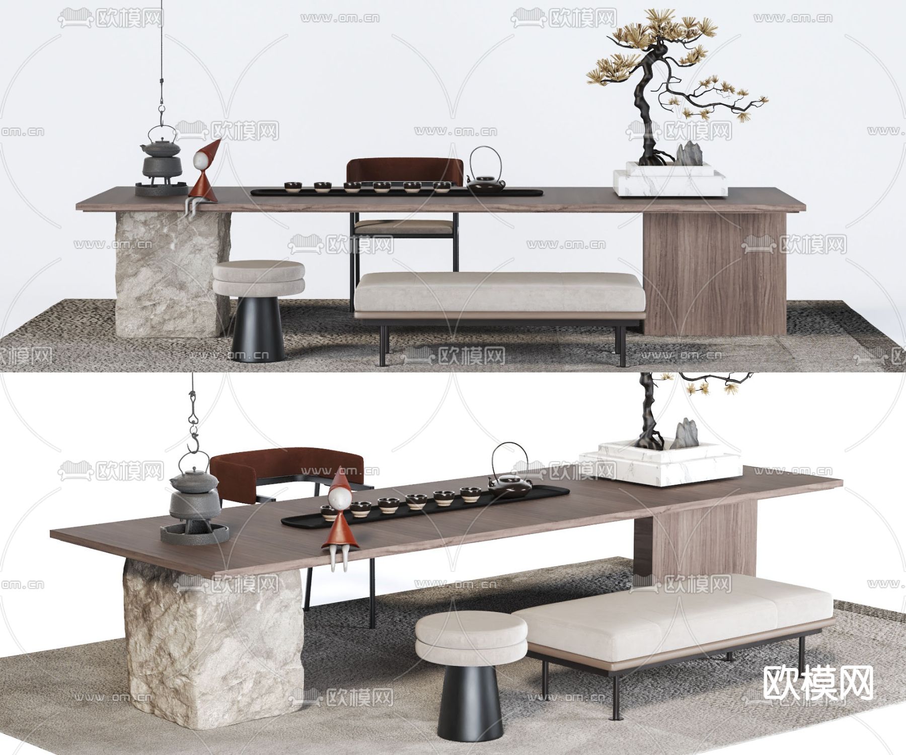 新中式茶桌椅3d模型