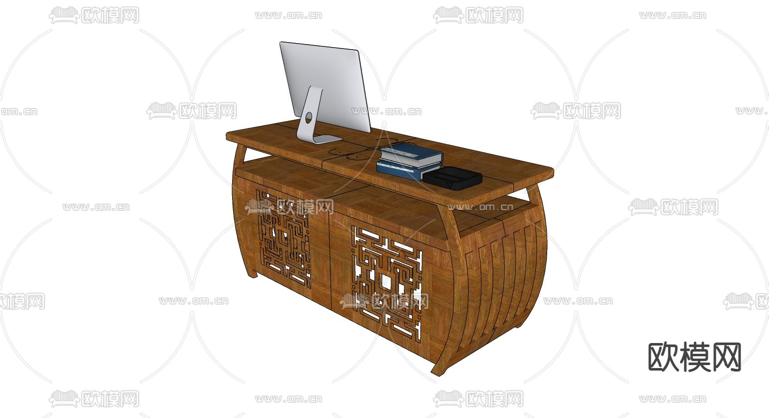中式实木书桌su模型下载（渲染图2）