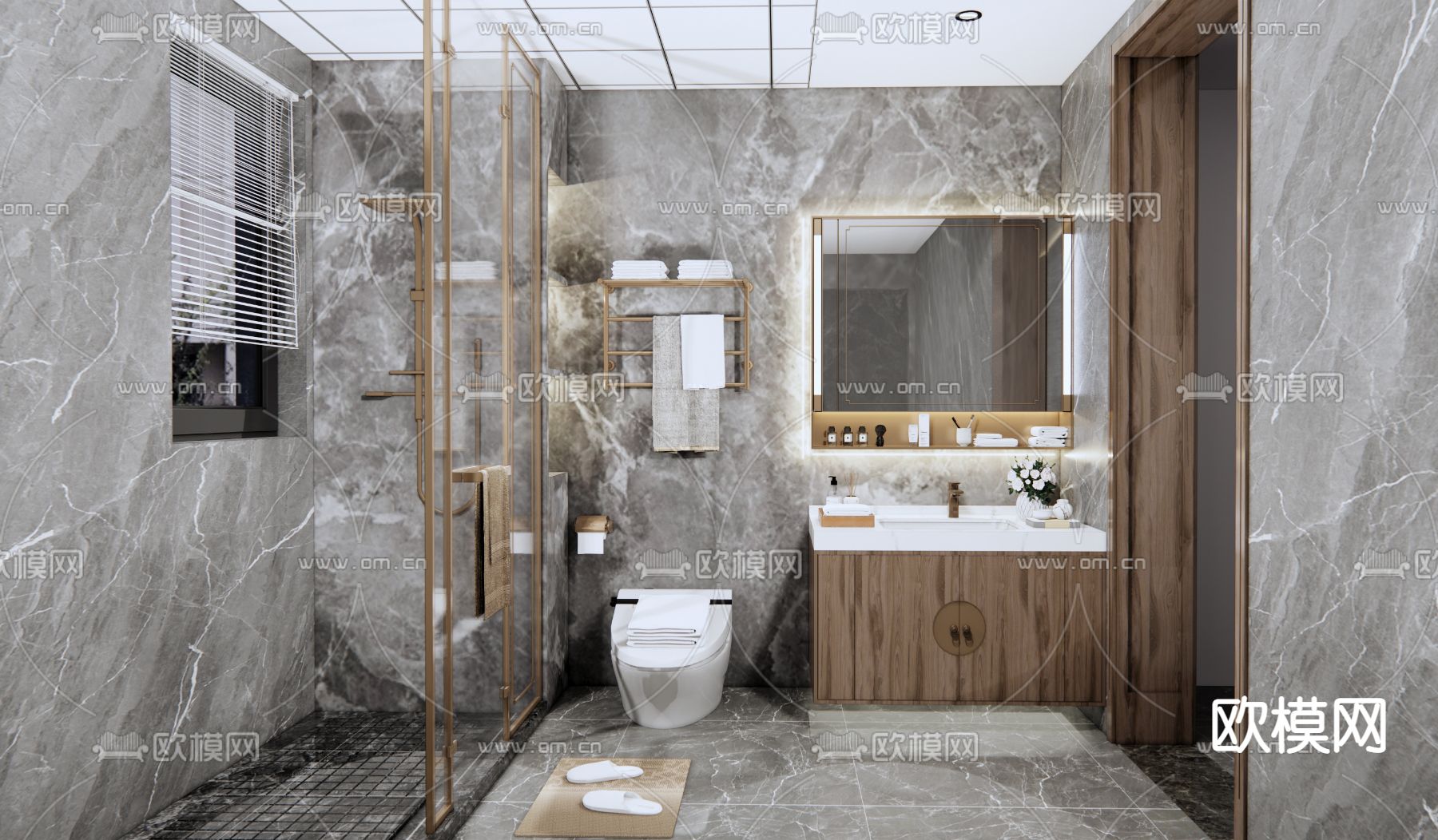 新中式卫生间浴室su模型下载（渲染图1）