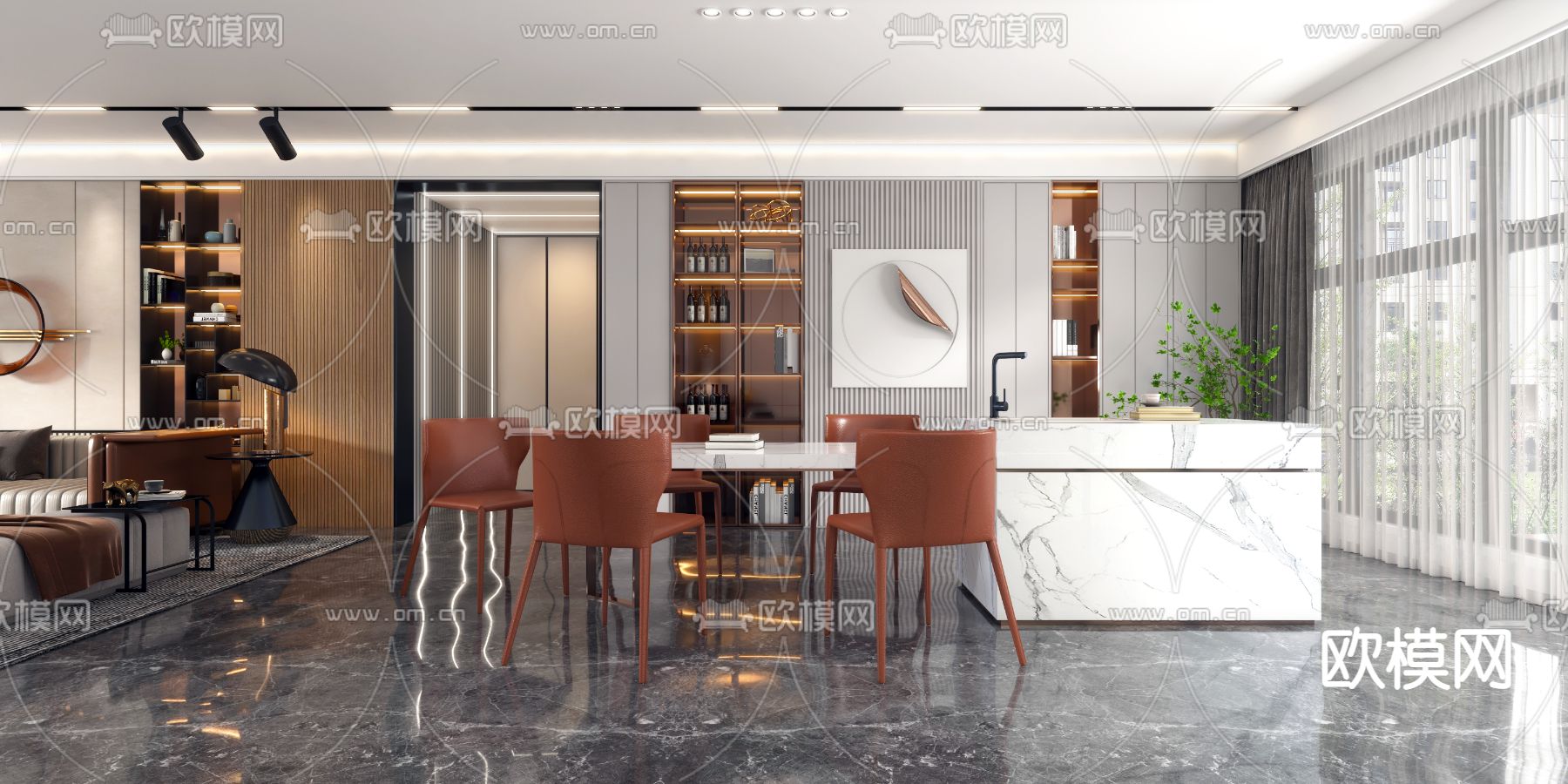 现代轻奢客餐厅3d模型下载（渲染图2）