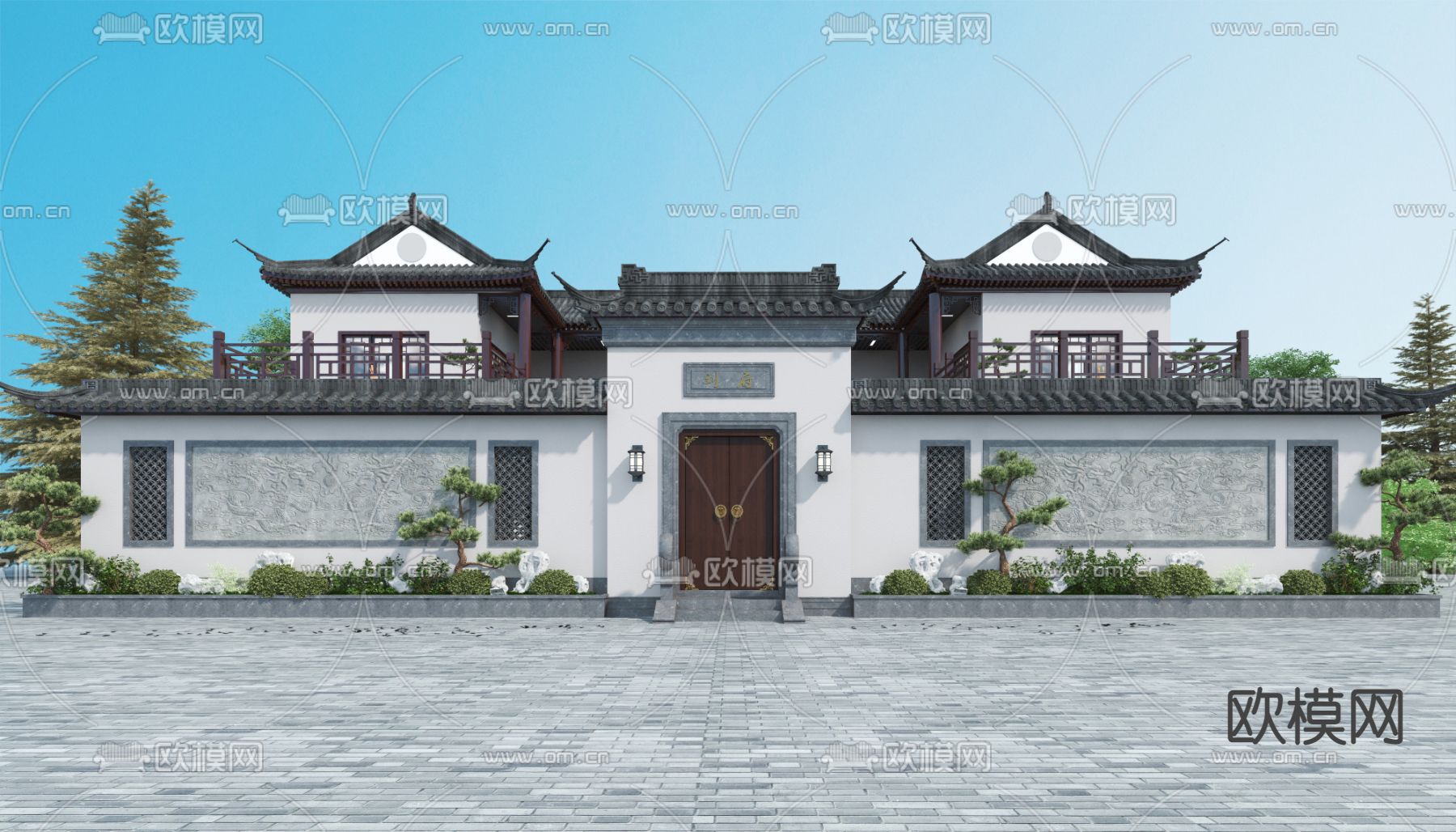 中式联排别墅外观3d模型下载（渲染图1）